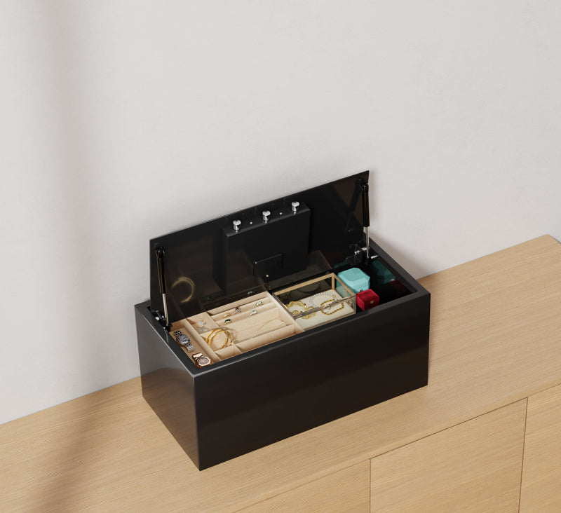 Mycube Top-Open Plus safe in Onyx Black, three-quarter view with the lid open showing the jewellery insert