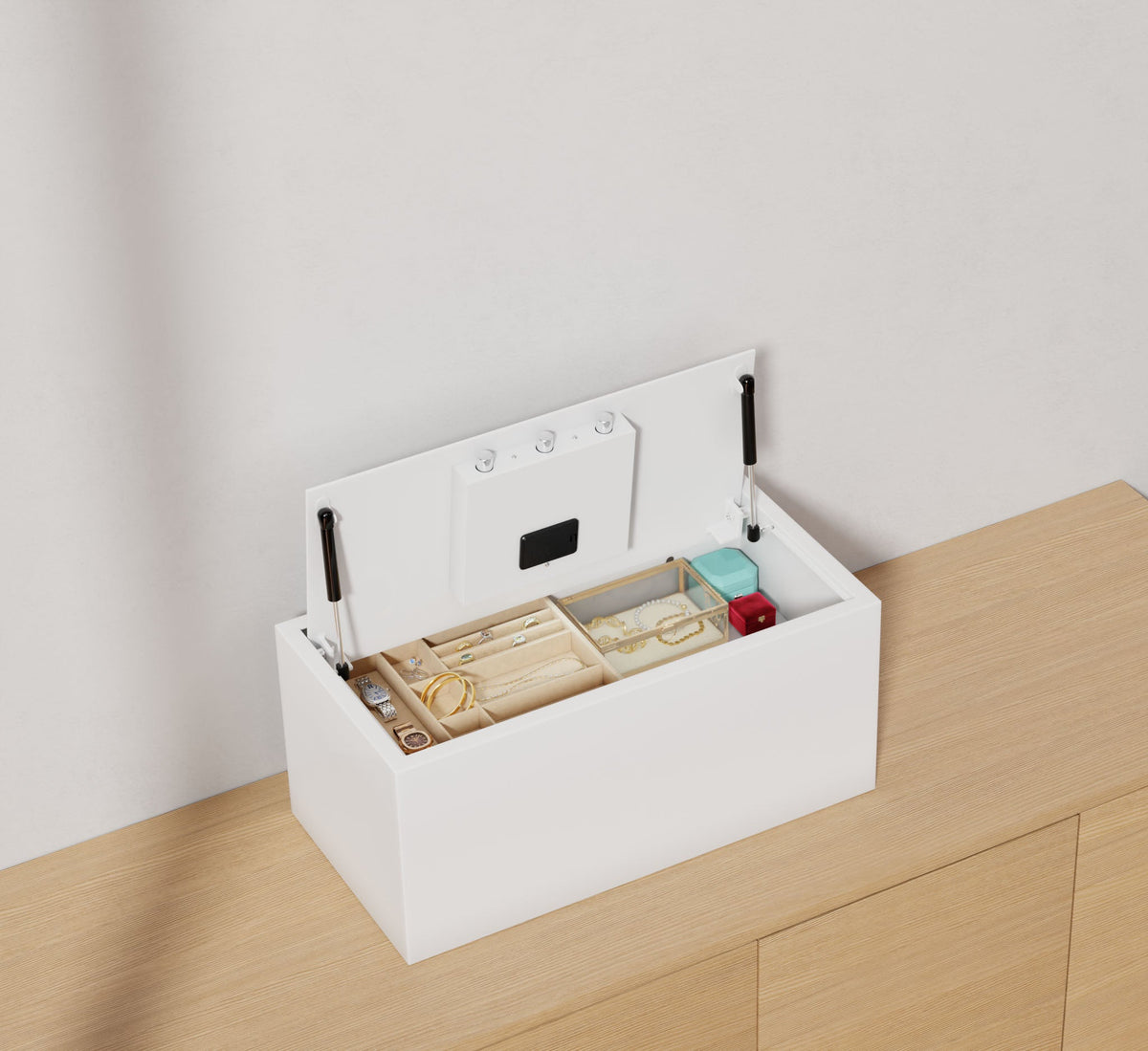 Mycube Top-Open Plus safe in Mycube White, three-quarter view with the lid open showing the jewellery insert
