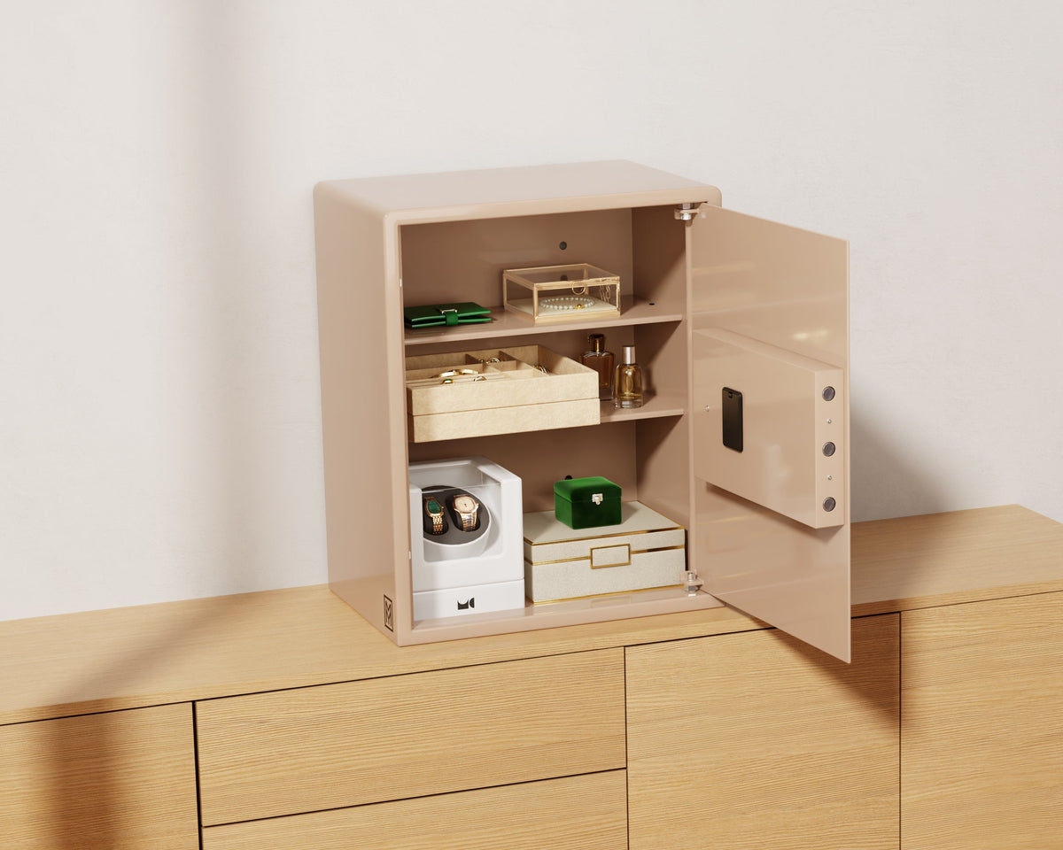 Mycube Grand safe in Cafe Au Lait, three-quarter view with the door open