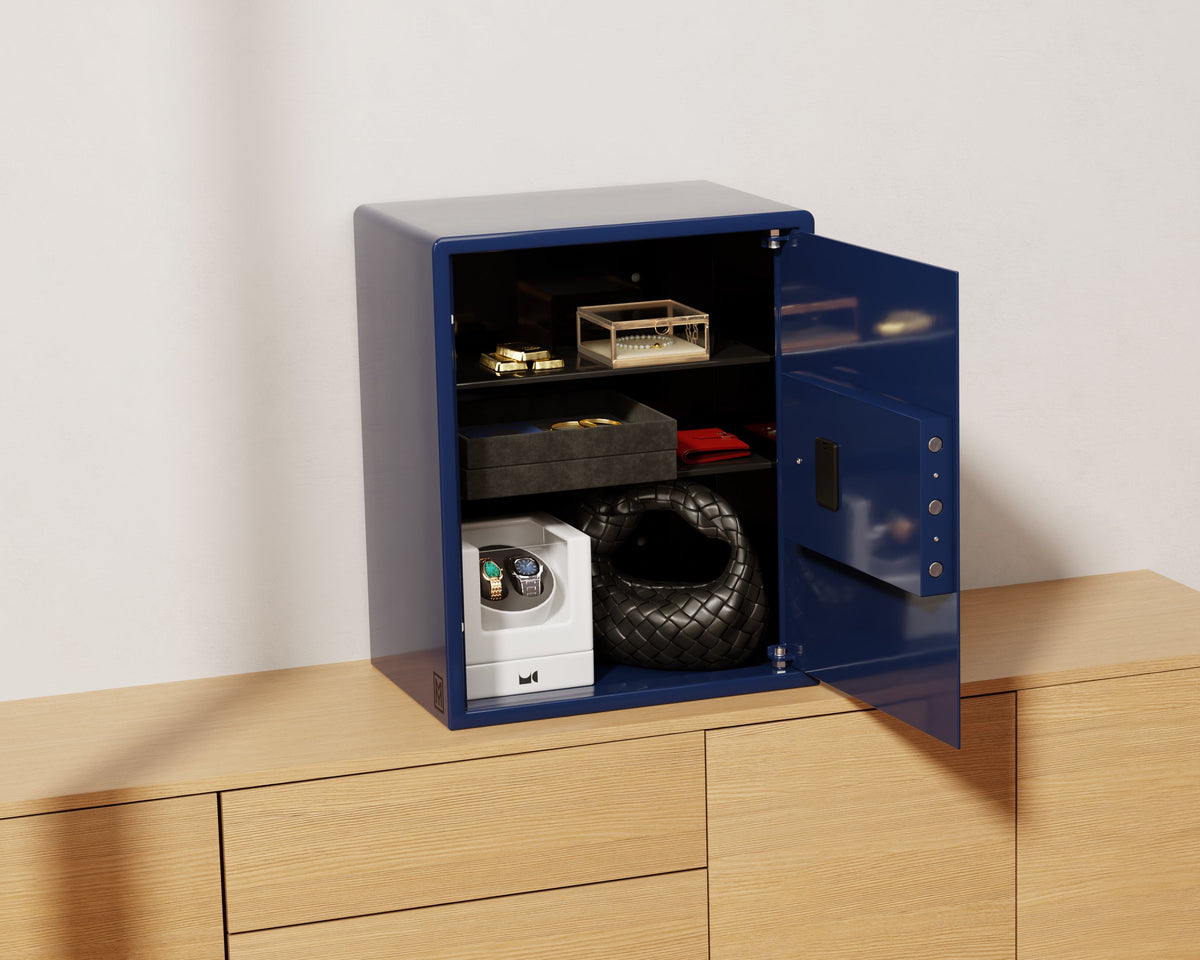Mycube Grand safe in Midnight Blue, three-quarter view with the door open