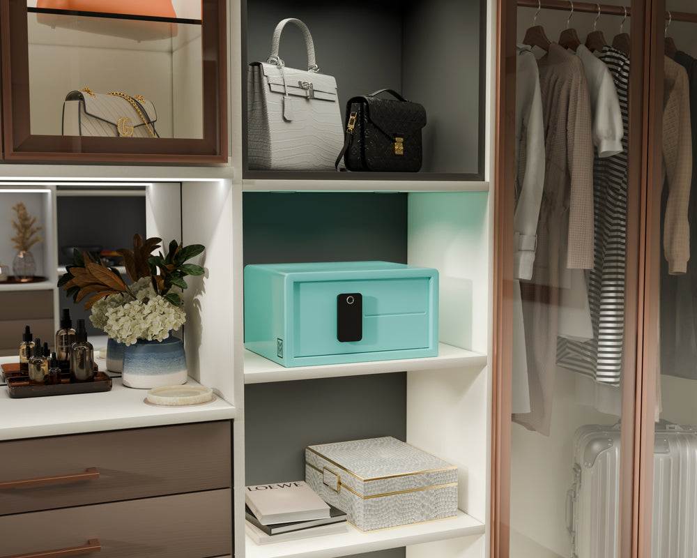 Closet interior with shelves containing handbags, a blue box, and decorative items.