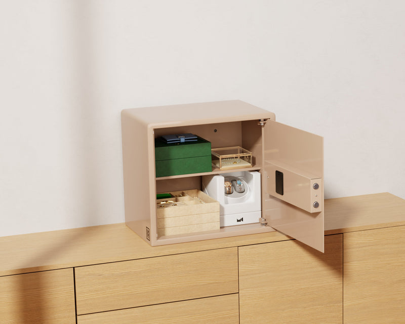 Mycube Plus safe in Cafe Au Lait, three-quarter view with the door open