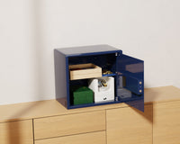 Mycube Plus safe in Midnight Blue, three-quarter view with the door open