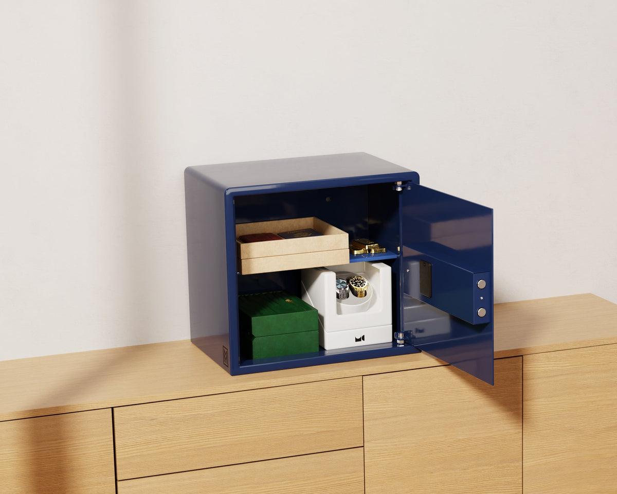 Mycube Plus safe in Midnight Blue, three-quarter view with the door open