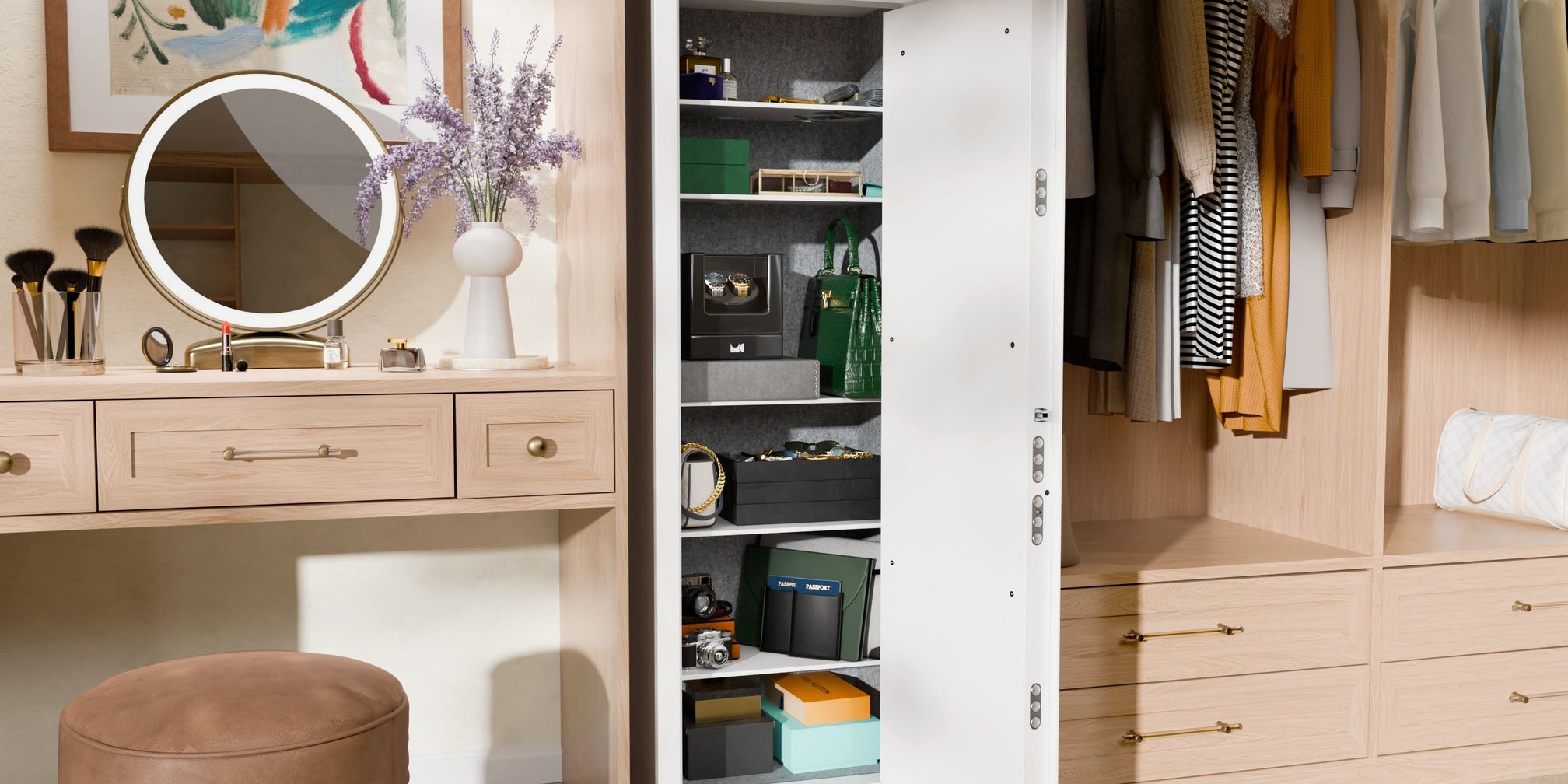 Mycube Max Plus Fire safe open in a walk-in closet