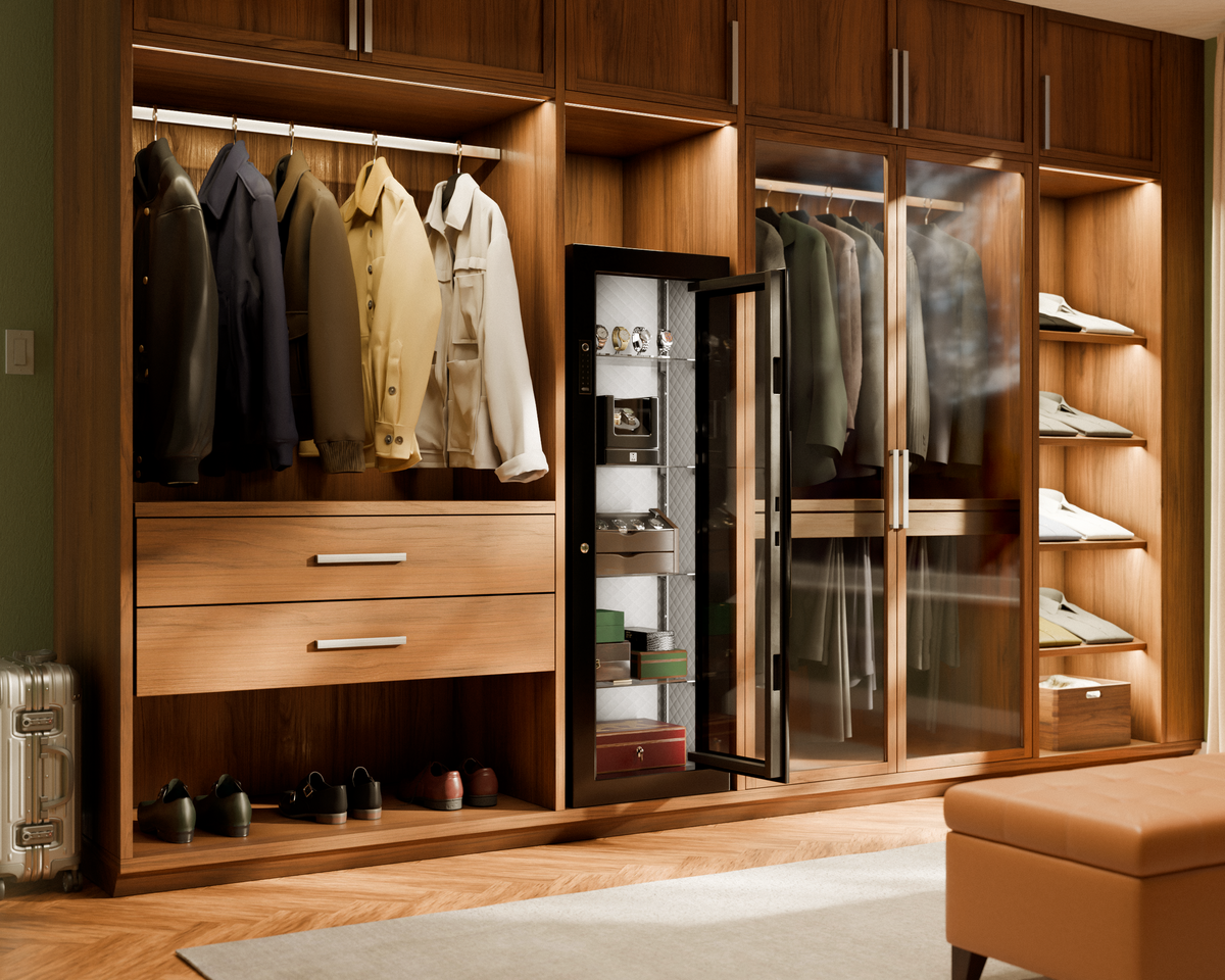 Mycube Glass in Onyx Black, built into a walnut dressing room, door open on a row of watches