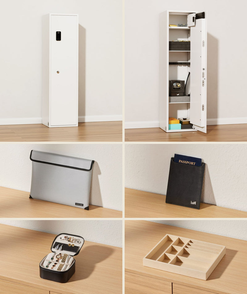 New Homeowner Bundle: Max Select safe shown closed and open, with the silver fireproof bag, passport holder, jewelry case and 7-section jewelry tray