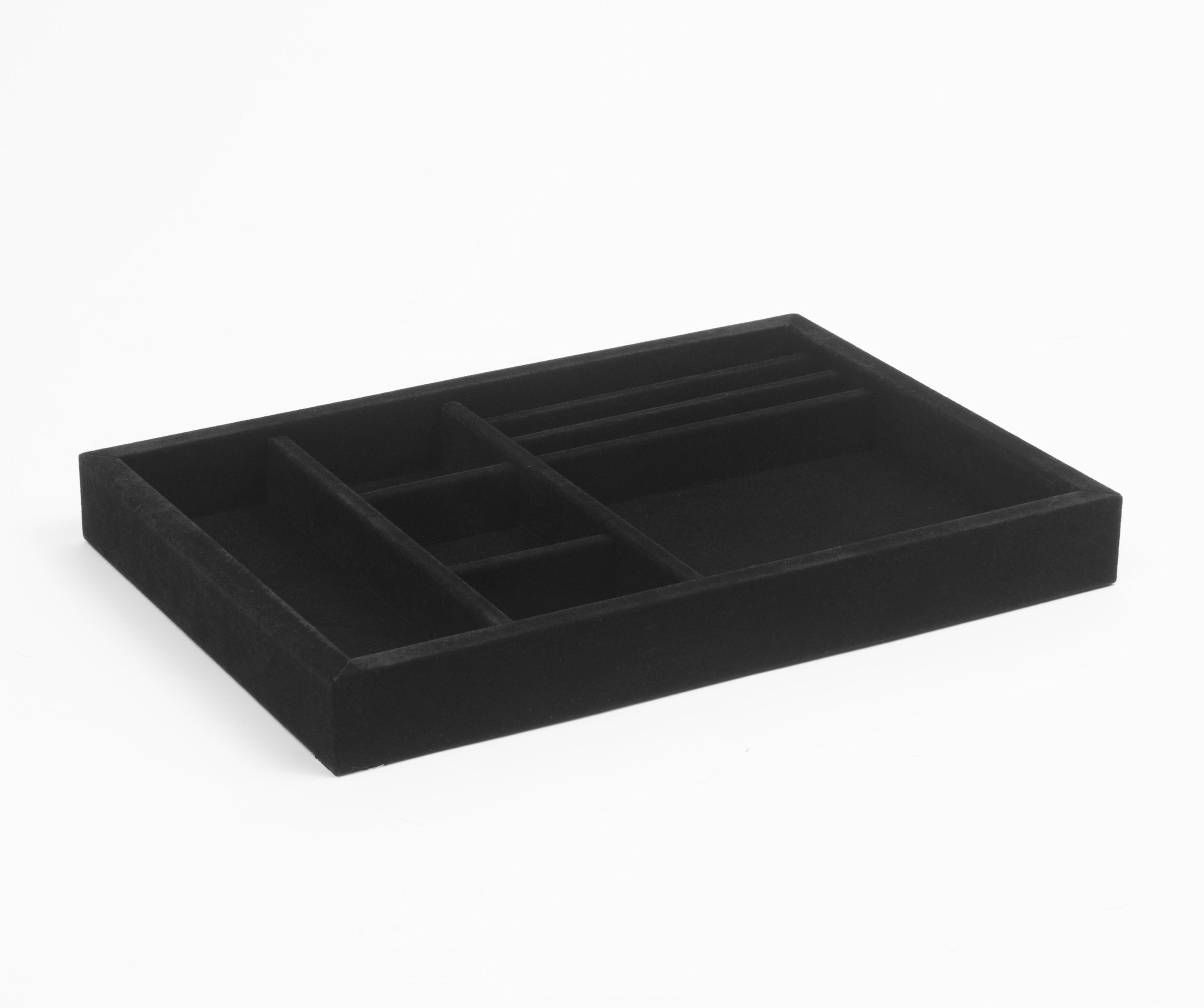 An angled black empty Fire Safe Tray