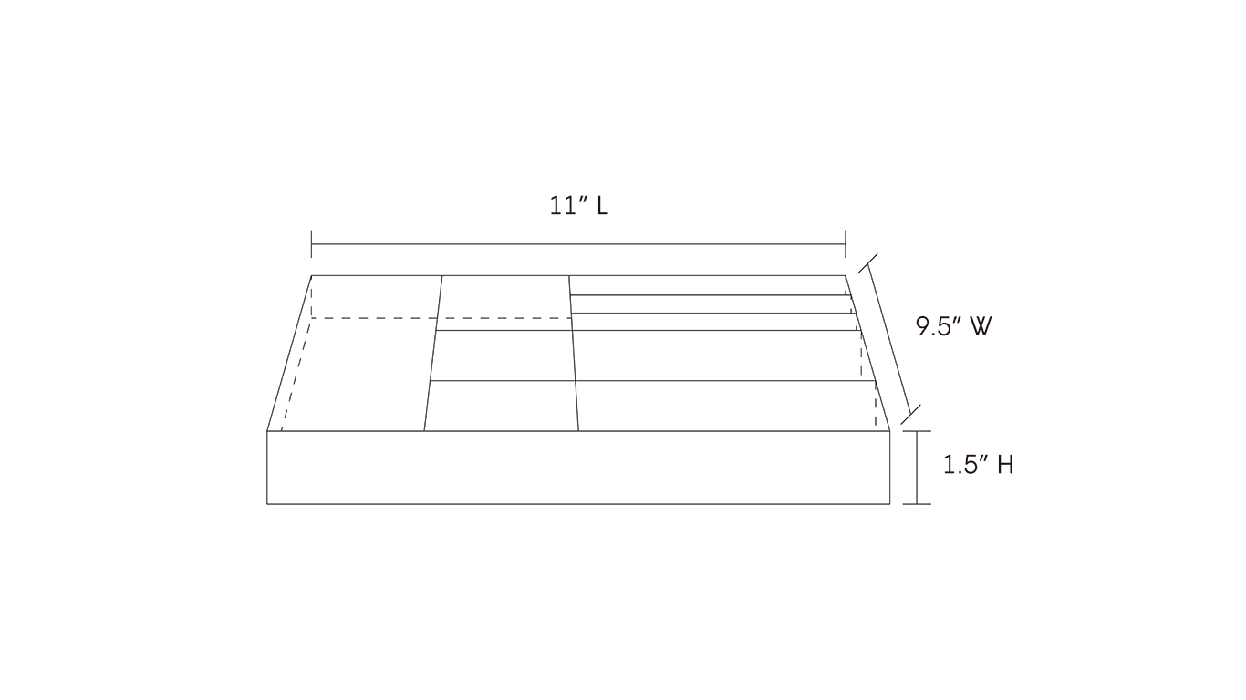 A line drawing of a 7 Mix tray showing dimensions of 11 inches in length, 9.5 inches in width, and 1.5 inches in height