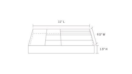 A line drawing of a 7 Mix tray showing dimensions of 11 inches in length, 9.5 inches in width, and 1.5 inches in height
