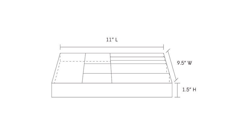 A line drawing of a 7 Mix tray showing dimensions of 11 inches in length, 9.5 inches in width, and 1.5 inches in height
