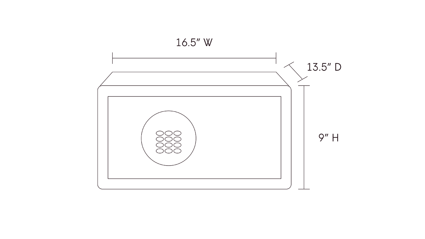 Line drawing of the Mycube Mini with dimensions of 16.5 inches in width, 13.5 inches in depth, and 9 inches in height