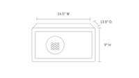 Line drawing of the Mycube Mini with dimensions of 16.5 inches in width, 13.5 inches in depth, and 9 inches in height